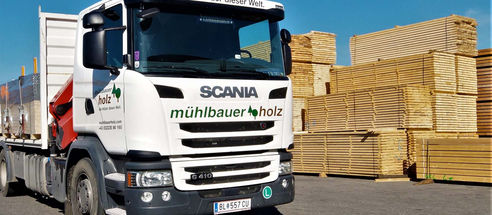 Lastwagen der Marke Scania mit Aufschrift "Mühlbauer Holz" steht vor gestapeltem Holz